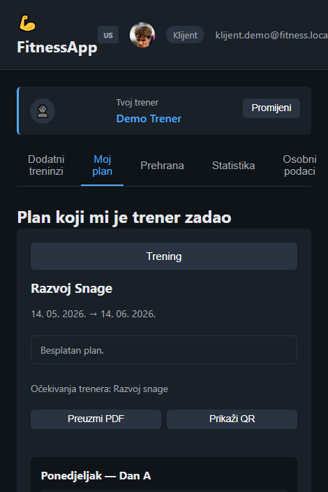 Klijent view na mobitelu — PDF i QR